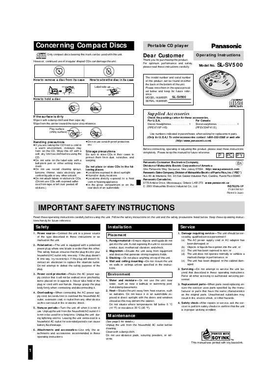 Mode d'emploi PANASONIC SL-SV500