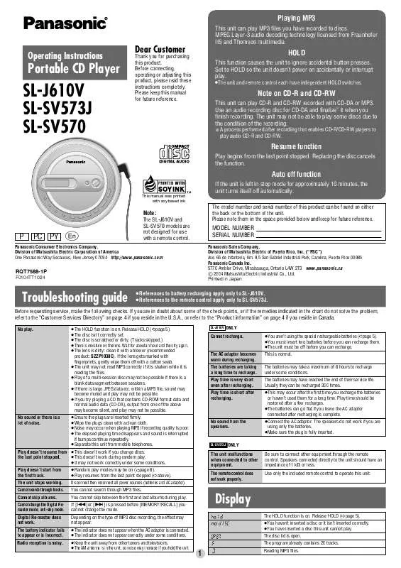 Mode d'emploi PANASONIC SL-SV570