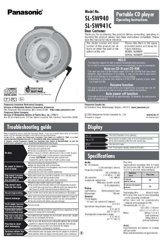 Mode d'emploi PANASONIC SL-SW941CPC