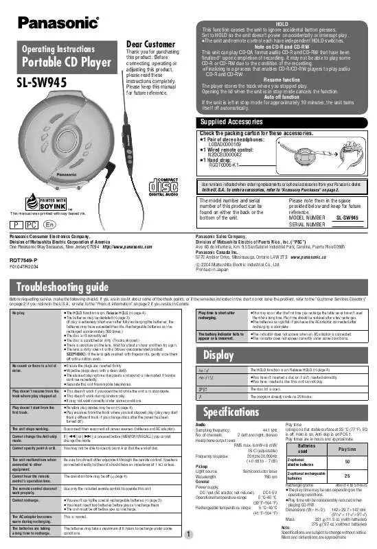 Mode d'emploi PANASONIC SL-SW945