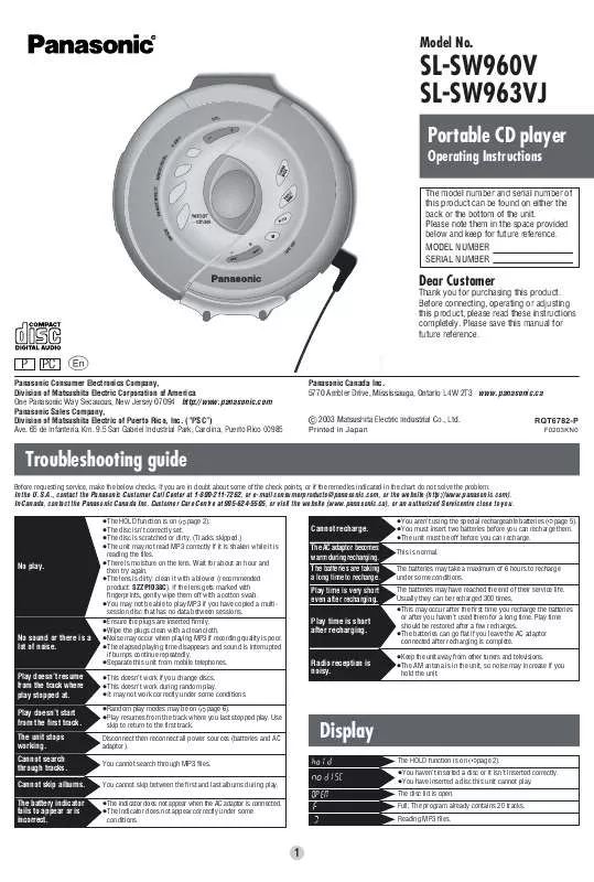 Mode d'emploi PANASONIC SL-SW960V