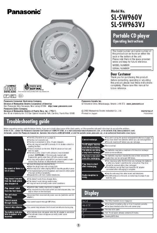 Mode d'emploi PANASONIC SL-SW960VP