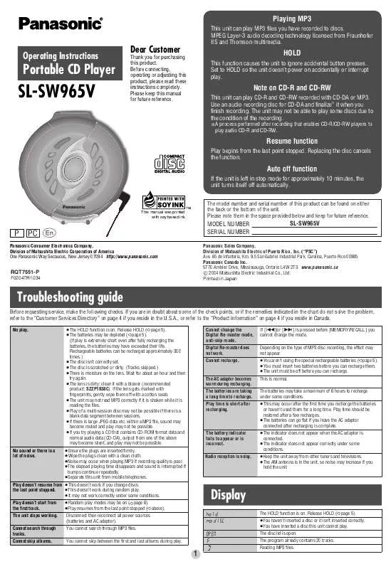 Mode d'emploi PANASONIC SL-SW965V