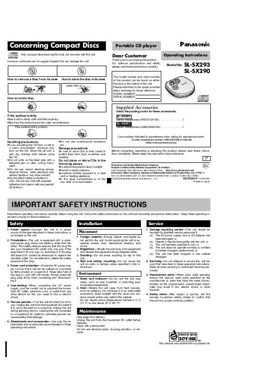 Mode d'emploi PANASONIC SL-SX290