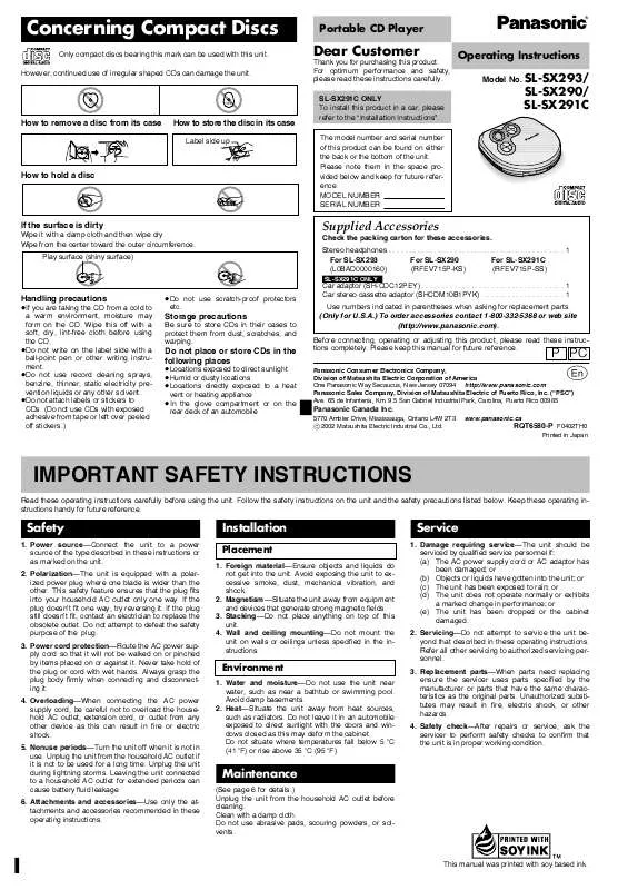 Mode d'emploi PANASONIC SL-SX291CP