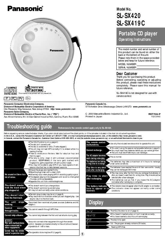 Mode d'emploi PANASONIC SL-SX419CP