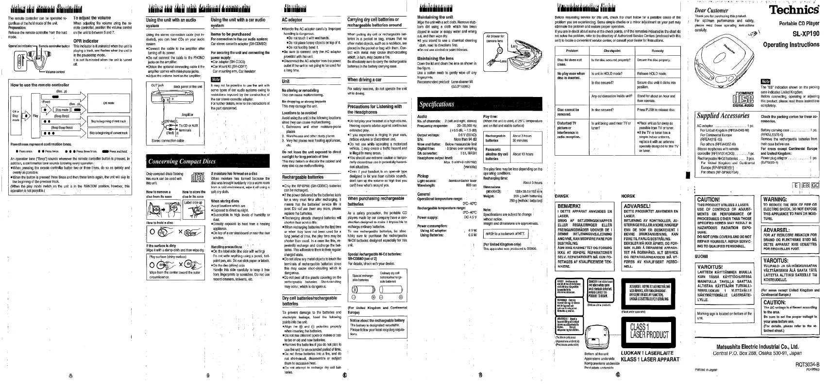 Mode d'emploi PANASONIC SL-XP190