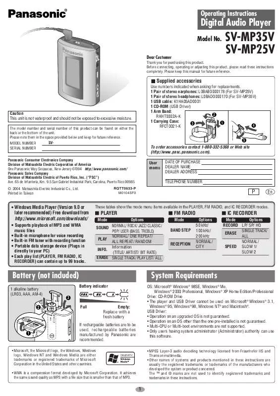 Mode d'emploi PANASONIC SV-MP25