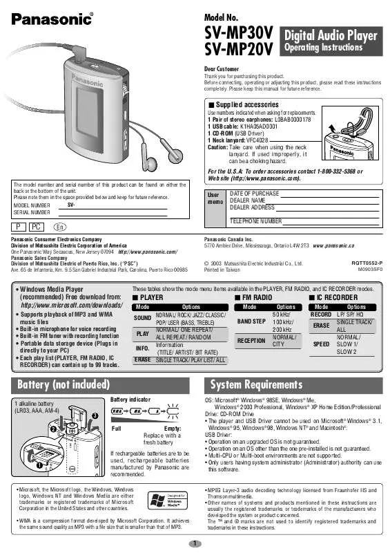 Mode d'emploi PANASONIC SV-MP30