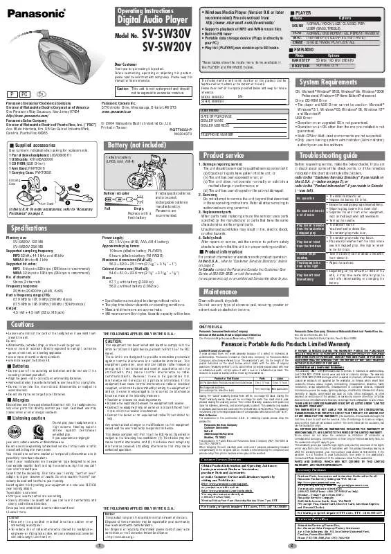 Mode d'emploi PANASONIC SV-SW20