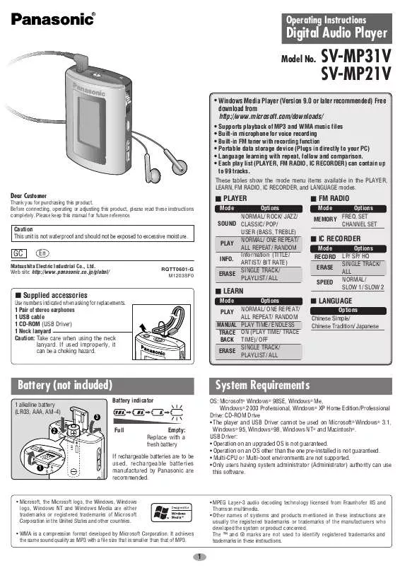 Mode d'emploi PANASONIC SV-MP21V