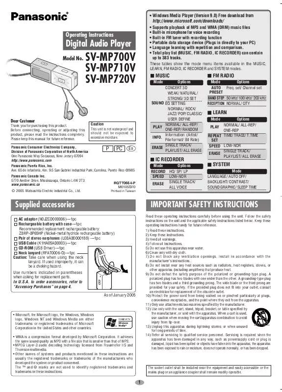 Mode d'emploi PANASONIC SV-MP700V