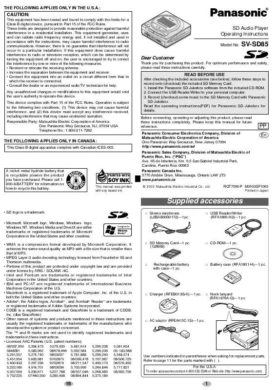 Mode d'emploi PANASONIC SV-SD85