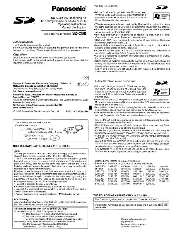 Mode d'emploi PANASONIC SZCB8