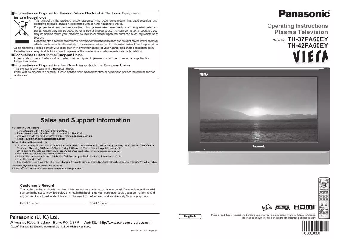 Mode d'emploi PANASONIC TH-37PA60EY