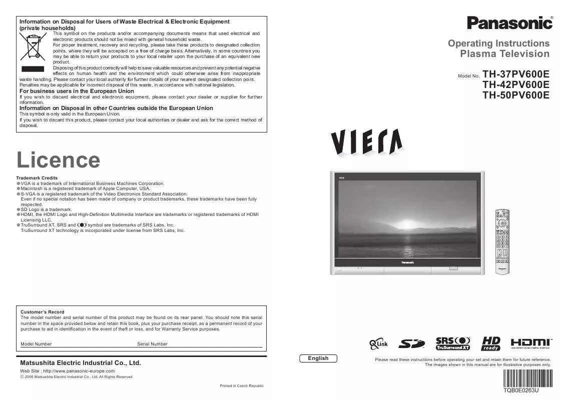 Mode d'emploi PANASONIC TH-37PV600E