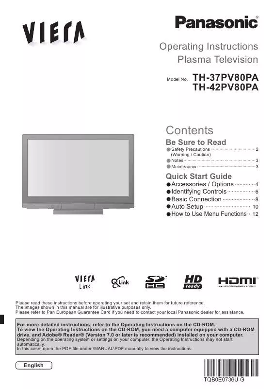 Mode d'emploi PANASONIC TH-37PV80PA