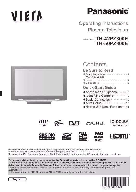 Mode d'emploi PANASONIC TH-50PZ800E