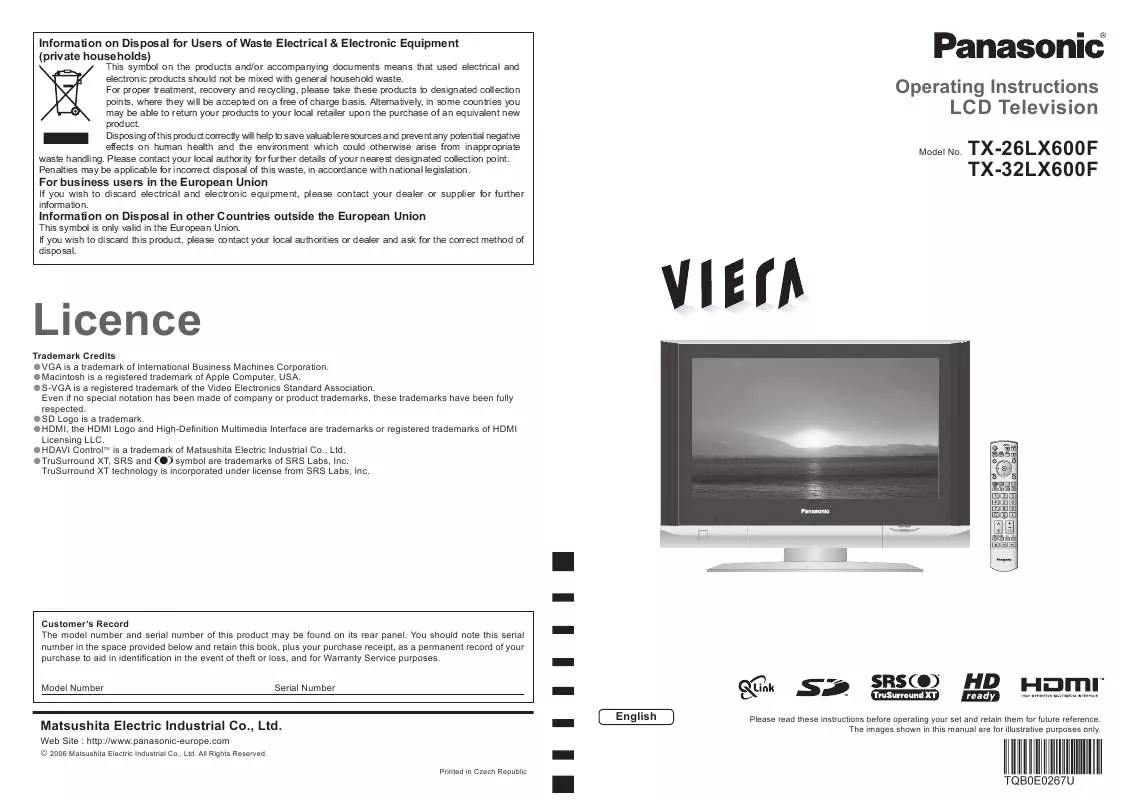 Mode d'emploi PANASONIC TX-26LX600F