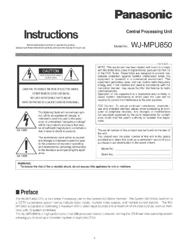 Mode d'emploi PANASONIC WJ-MPU850