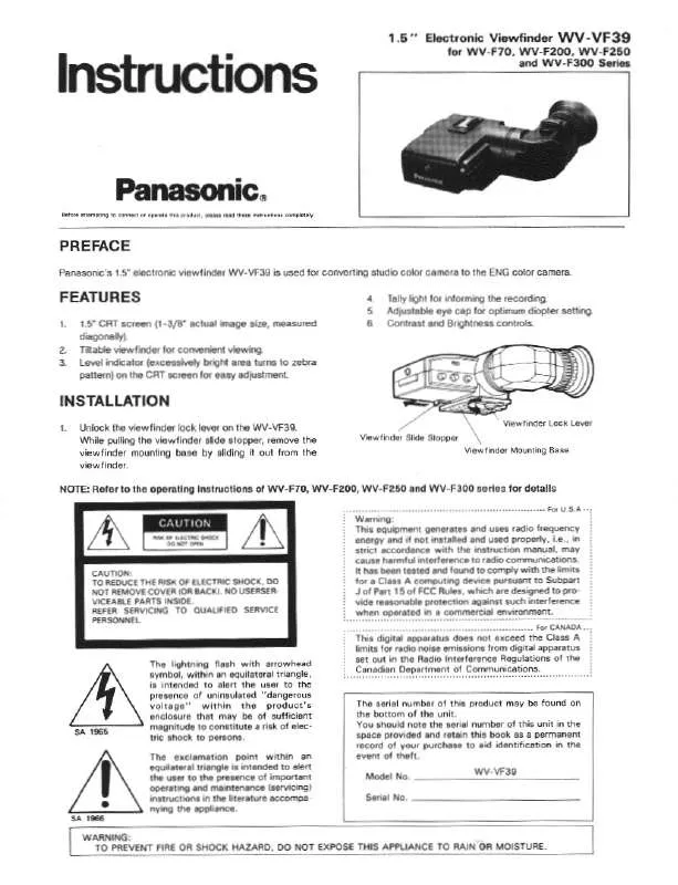 Mode d'emploi PANASONIC WV-VF39