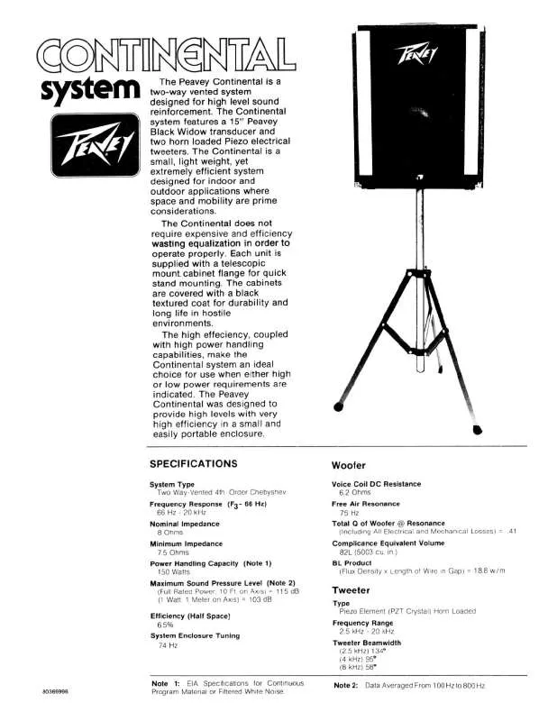 Mode d'emploi PEAVEY CONTINENTAL SYSTEM