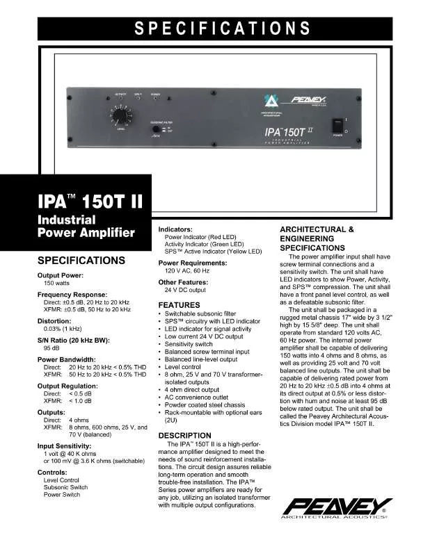 Mode d'emploi PEAVEY IPA 150T II