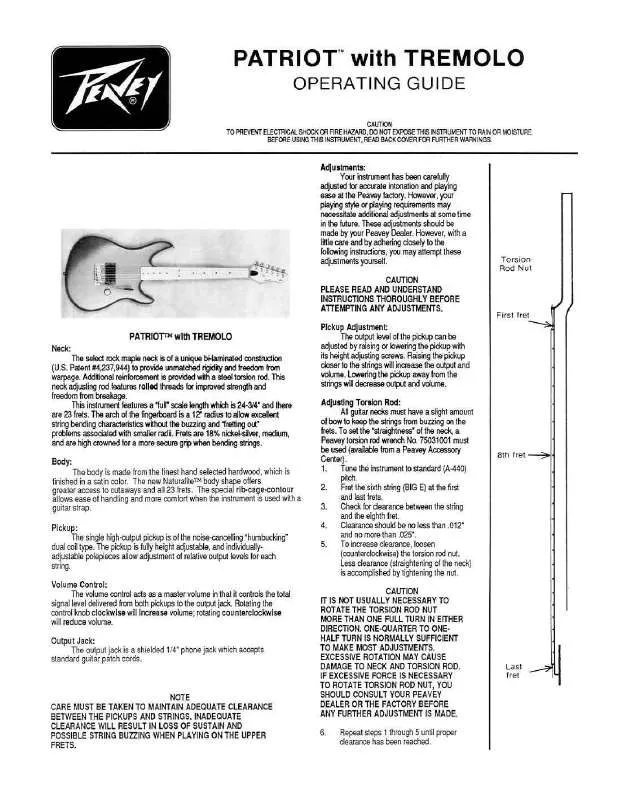 Mode d'emploi PEAVEY PATRIOT WITH TREMOLO