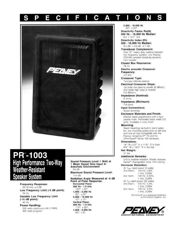 Mode d'emploi PEAVEY PR-1003