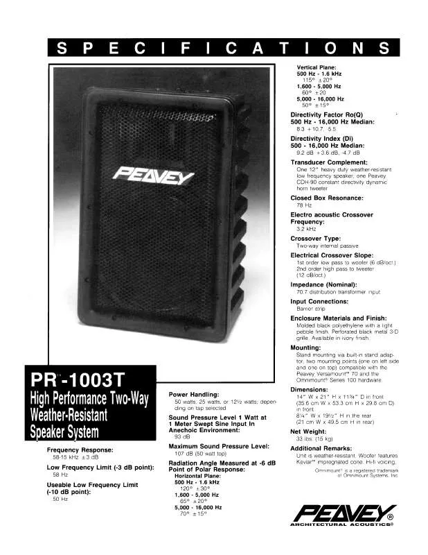 Mode d'emploi PEAVEY PR-1003T