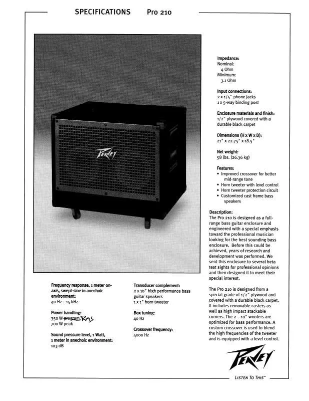 Mode d'emploi PEAVEY PRO 210