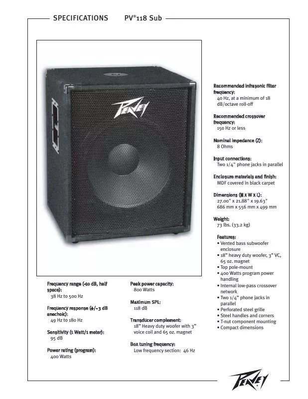 Mode d'emploi PEAVEY PV 118 SUB