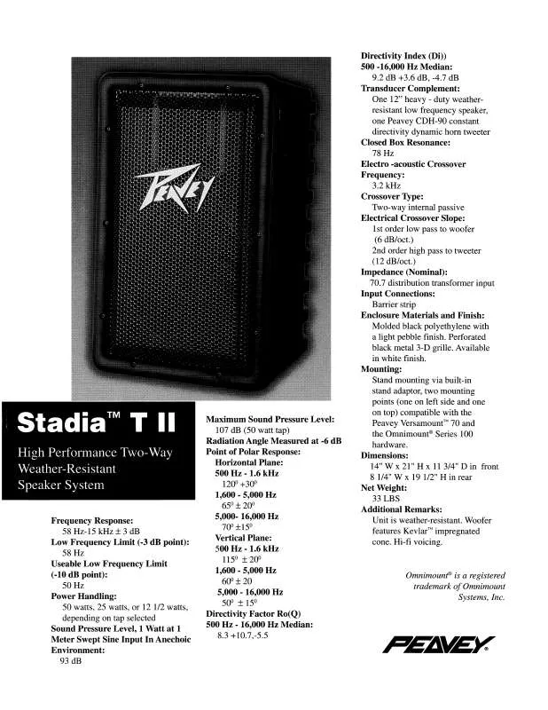 Mode d'emploi PEAVEY STADIA T II