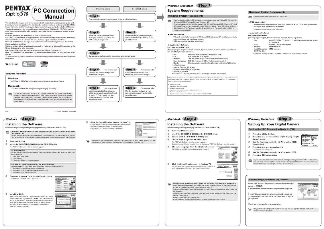 Mode d'emploi PENTAX OPTIO S10PC