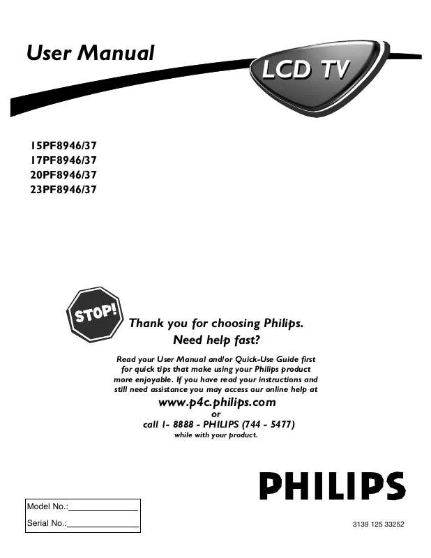 Mode d'emploi PHILIPS 15-LCD FLAT TV CRYSTAL CLEAR III 15PF8946