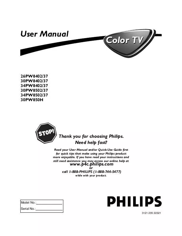 Mode d'emploi PHILIPS 26-HDTV MONITOR WIDESCREEN TV 26PW8402-37B