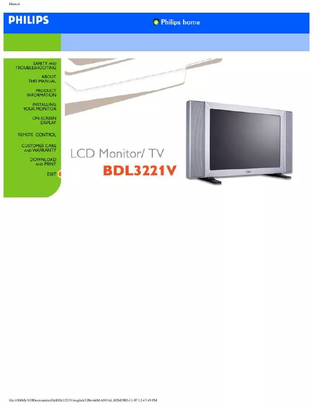 Mode d'emploi PHILIPS 32-MULTIMEDIA WXGA LCD MONITOR BDL3221V