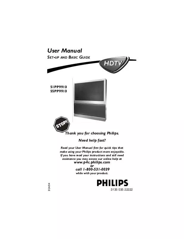 Mode d'emploi PHILIPS 51-PROJECTION HDTV 51PP9910