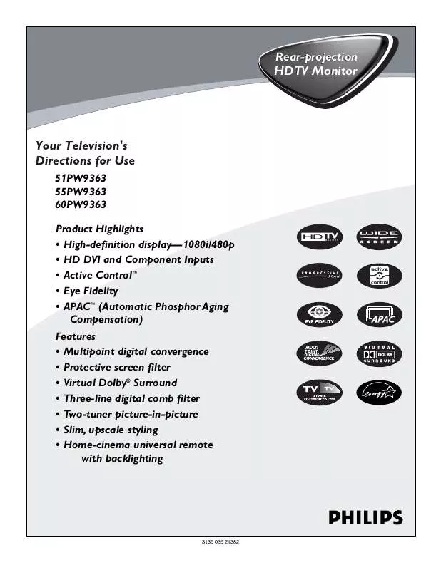 Mode d'emploi PHILIPS 55 IN DIGITAL WIDESCREEN HDTV MONITOR 55PW9363