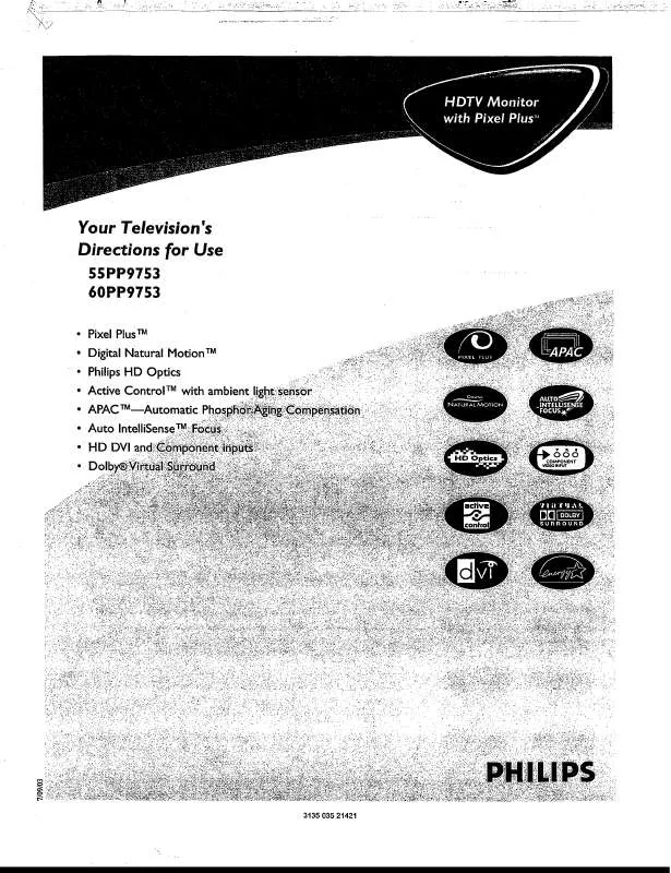 Mode d'emploi PHILIPS 55-HDTV MONITOR PROJECTION TV PIXEL PLUS 55PP9753