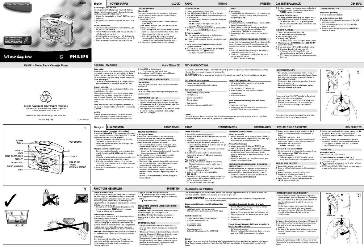 Mode d'emploi PHILIPS AM-FM STEREO RADIO CASSETTE DIGITAL PLAYER AQ6691