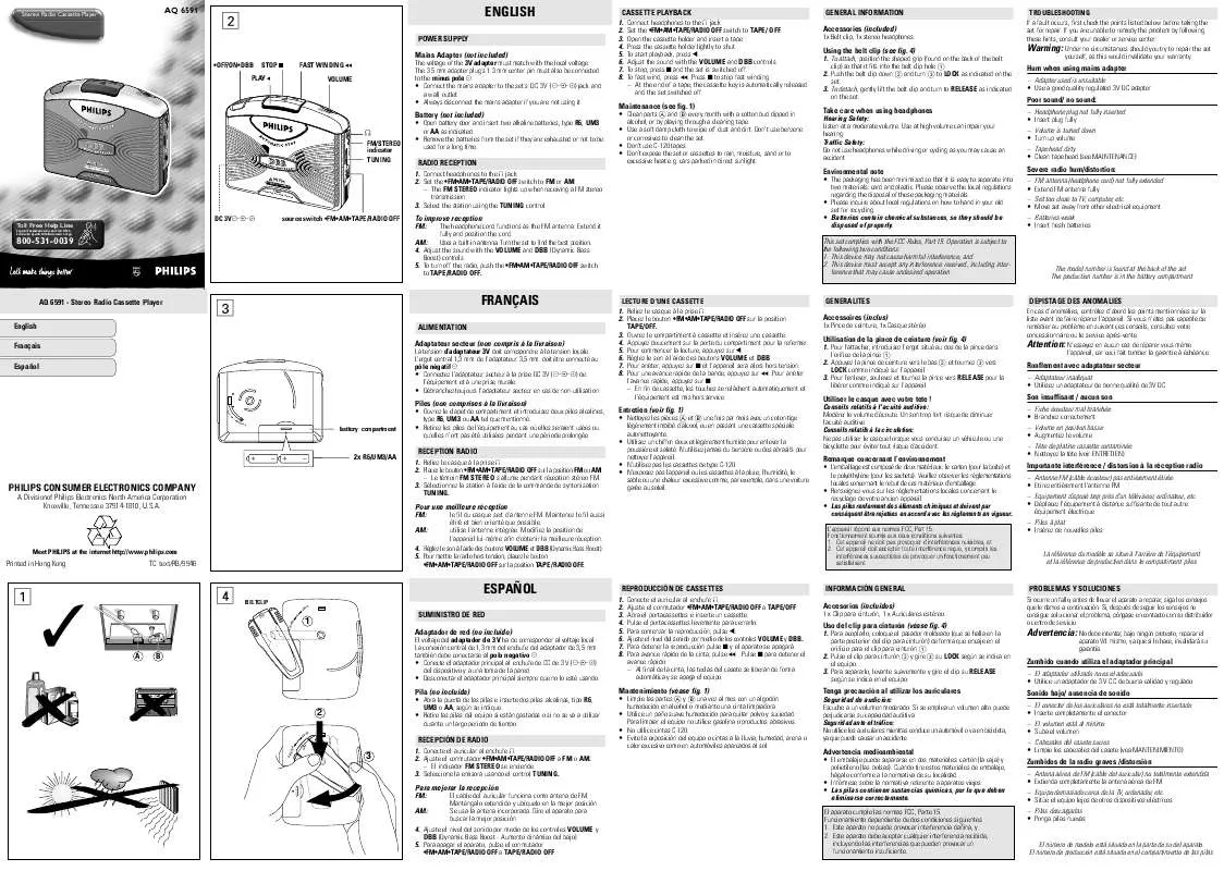 Mode d'emploi PHILIPS AM-FM STEREO RADIO CASSETTE RECORDER AQ6591