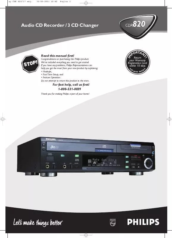 Mode d'emploi PHILIPS AUDIO CD RECORDER-INTEGRATED CD CHANGER CDR820BK