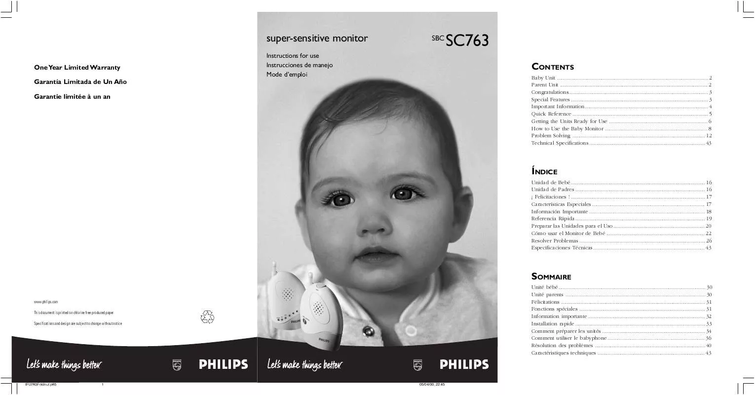 Mode d'emploi PHILIPS BABY MONITOR SBCSC763