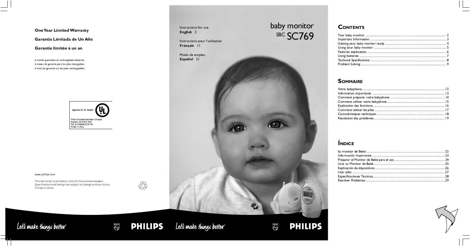 Mode d'emploi PHILIPS BABY MONITOR SBCSC769