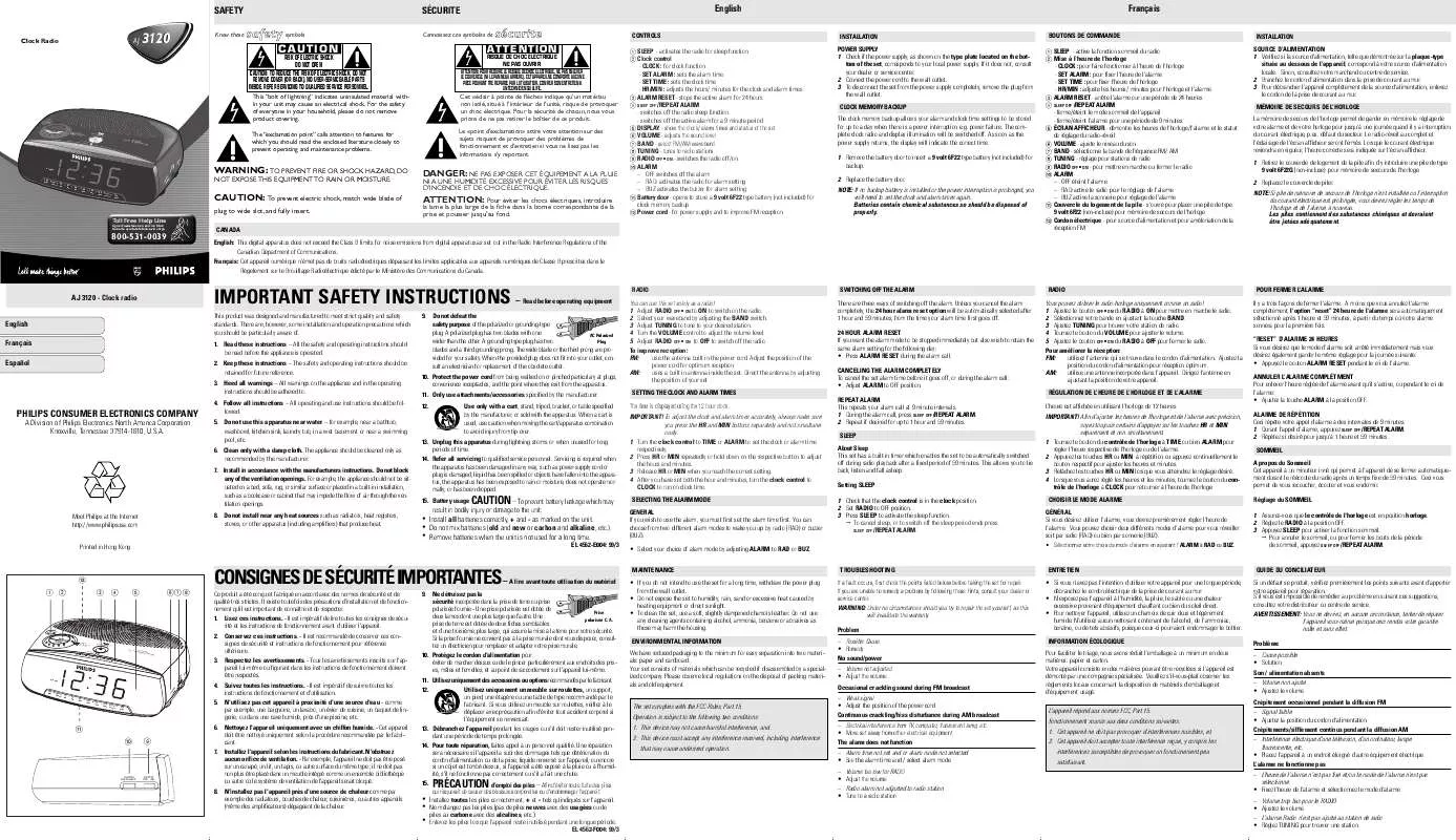 Mode d'emploi PHILIPS CLOCK RADIO AJ3120