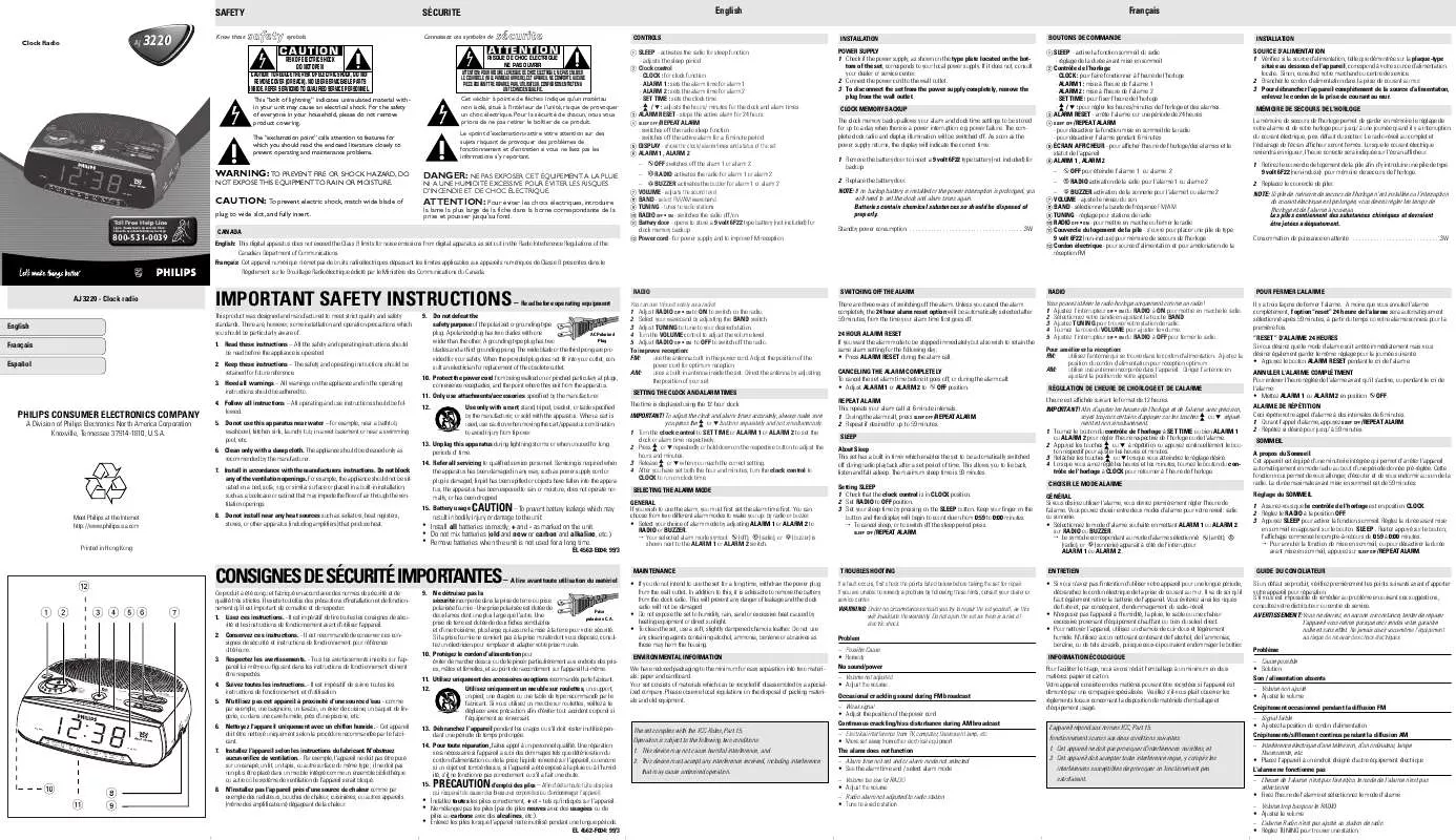 Mode d'emploi PHILIPS CLOCK RADIO AJ3220