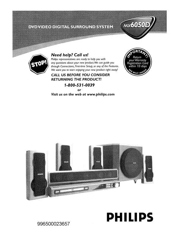 Mode d'emploi PHILIPS DVD HOME THEATER SYSTEM CLASS D AMPLIFIER MX6050D