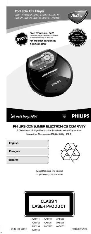 Mode d'emploi PHILIPS JOGPROOF CD PLAYER AX5122