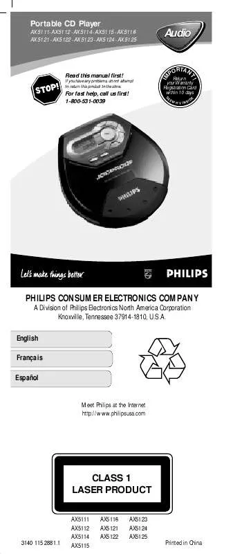 Mode d'emploi PHILIPS JOGPROOF CD PLAYER WITH CAR ACCESSORIES AX5116